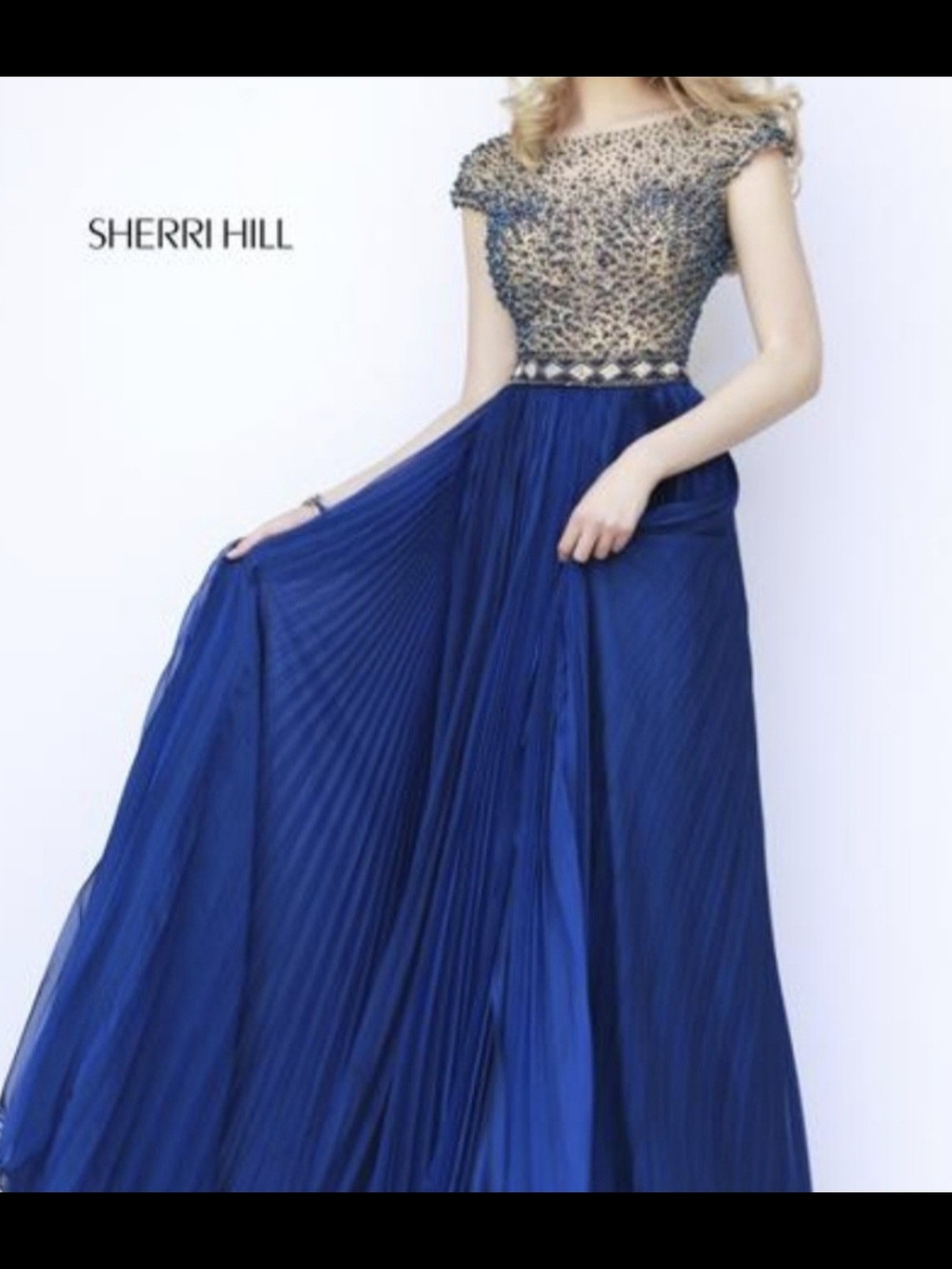 Sherri Hill Blue Embellished Cap-Sleeve Prom Gown